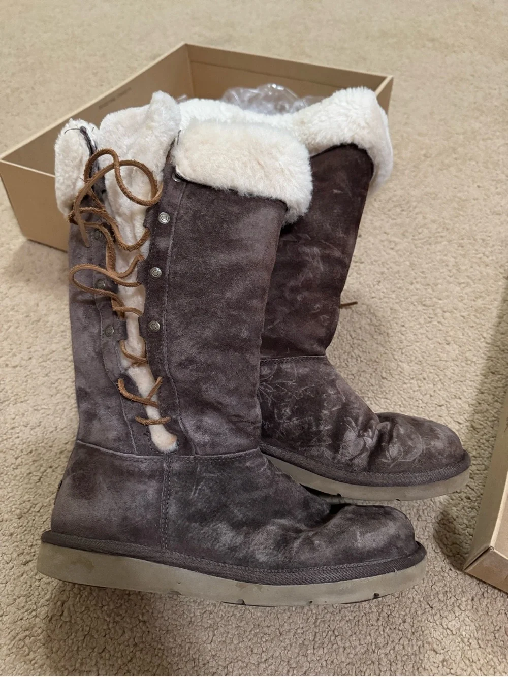 UGG Gray Suede Shearling Lace-Up Winter Boots